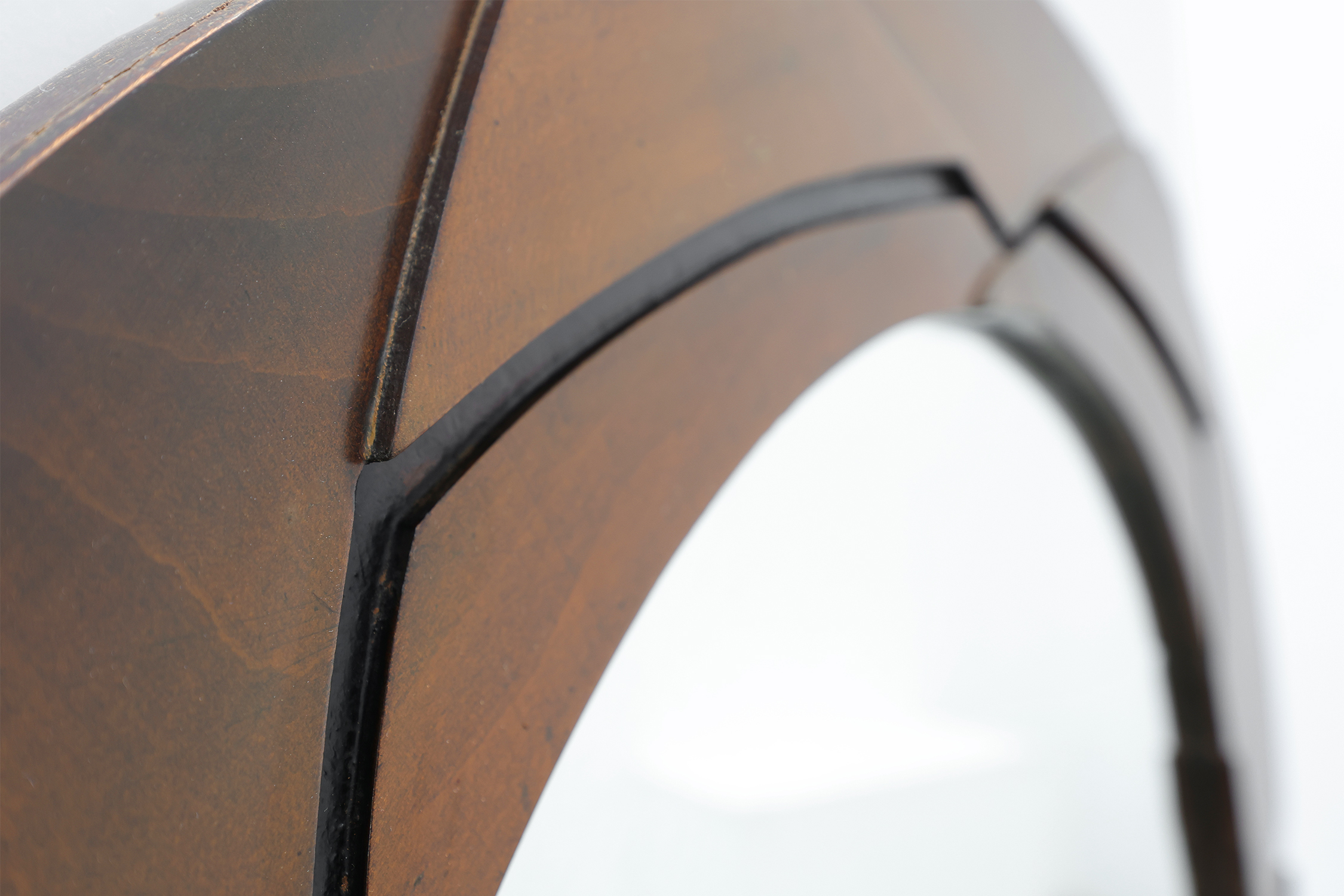 Belgian Art Deco Round Mirror with Geometric Wooden Frame, circa 1920thumbnail